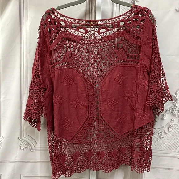 Democracy boho lace embroidered open rose color size small top - Picture 6 of 6
